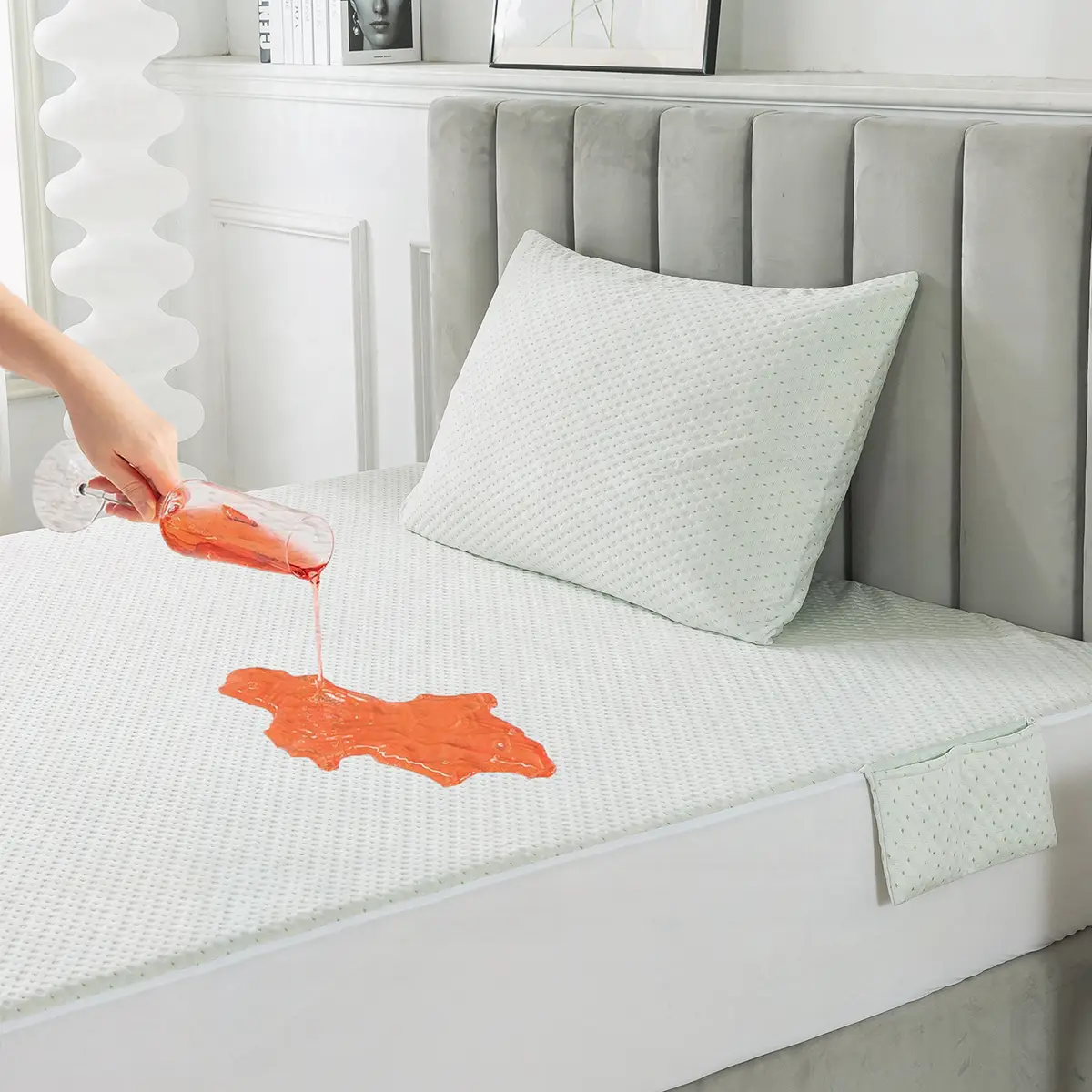 Waterproof Bamboo Mattress Protector with Side Pocket,3D Air Fabric Mattress Pad Protector,Breathable Cooling Noiseless Mattress Bed Protector Fitted