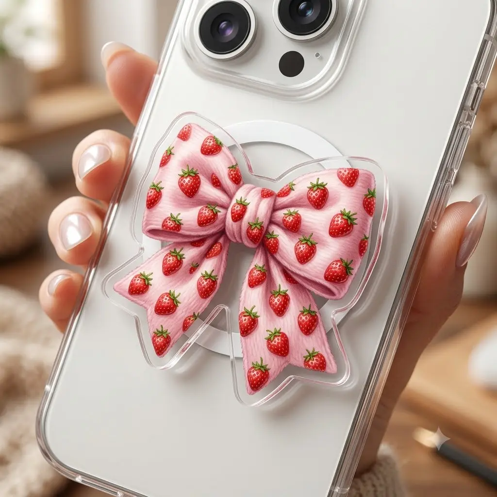 Cute Strawberry Bow MagSafe Phone Grip – Girly Strawberry Bow Phone Grip, Expandable & Magnetic Phone Holder