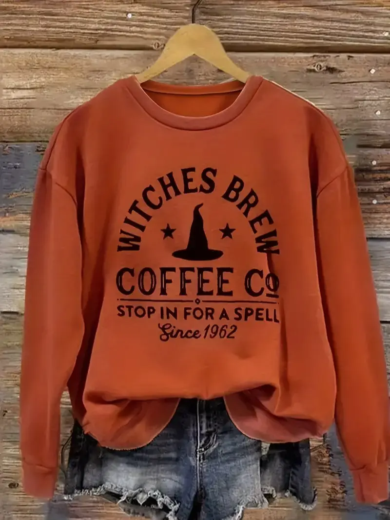 Bella Canvas  Sweatshirts Witch Hat & Letter Print Crew Neck T-Shirt, Casual Long Sleeve Top For Spring & Fall, Women's Clothing
