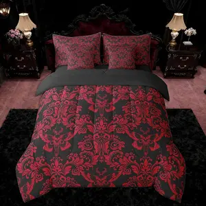 Feelyou 7-Piece Red Vintage Damask Decorative Bedding Set - Adult Oriental Antique Microfiber Bedding Set, Gothic Bohemian Themed Bed-in-a-Bag with Skull & Floral Accents