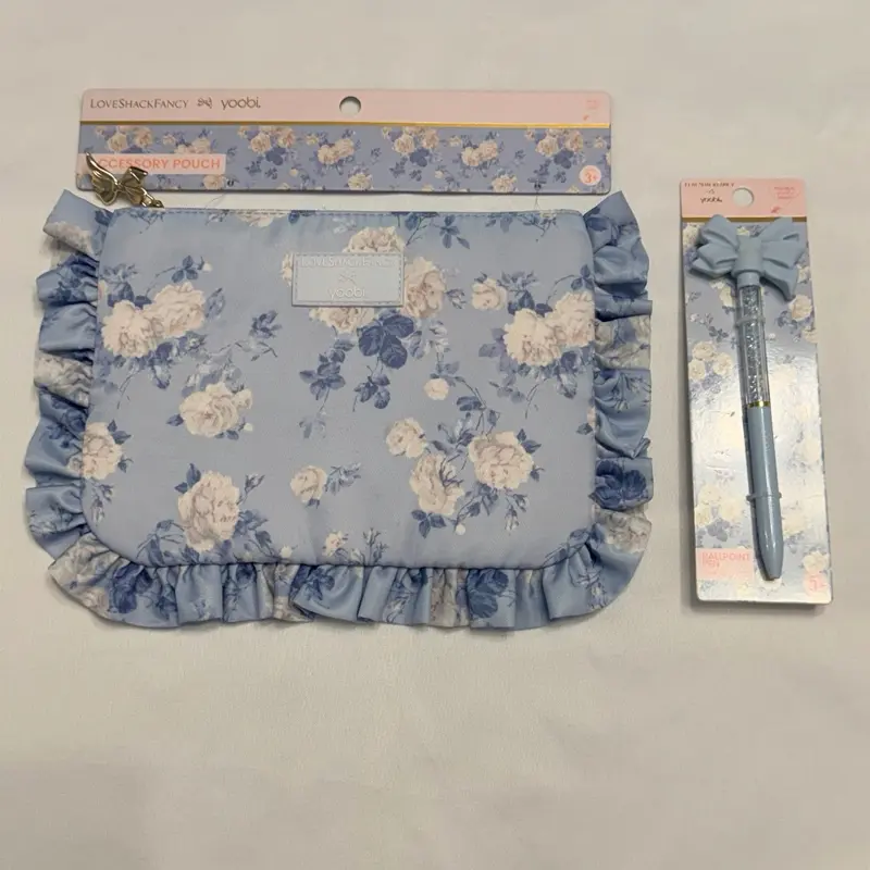 LoveShackFancy Yoobi Everblooming Rosettes Pouch & Matching Novelty Bow Pen set