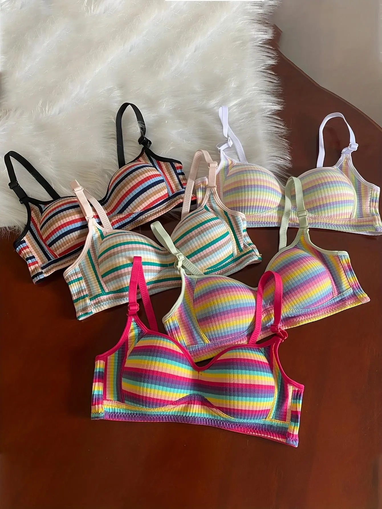 Women's 5-Piece Wirefree Padded Supportive Push-Up Bra Set - Rainbow Stripe Print, Adjustable Straps, Elastane Fabric, Custom Mix Colors, Flat Chest Solution, Everyday Wear, Halloween Ready, Feminine Aesthetic, Body Confidence, Feminine Items for Women