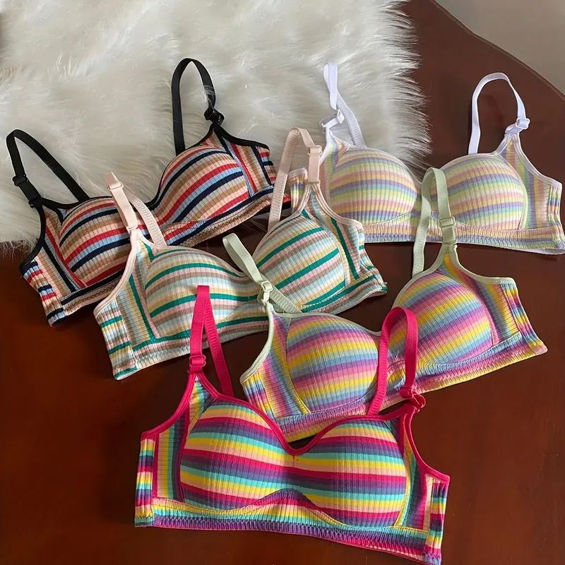 Women's 5-Piece Wirefree Padded Supportive Push-Up Bra Set - Rainbow Stripe Print, Adjustable Straps, Elastane Fabric, Custom Mix Colors, Flat Chest Solution, Everyday Wear, Halloween Ready, Feminine Aesthetic, Body Confidence, Feminine Items for Women