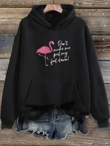 Women's Flamingo & Letter Print Drop Shoulder Hoodie, Fashion Casual Drawstring Pocket Hooded Sweatshirt for Daily Holiday Outdoor Wear, Women Clothing for Fall & Winter
