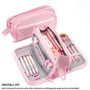 Large Capacity Handheld Pencil Case, Grid Stripe and Transparent Window Options, Multi-Layer Zip Design, Student Stationery Organizer Bag