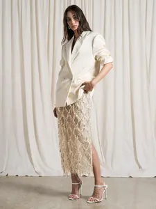 Women's Sparkling Sequin Sheer Overlay Midi Skirt Fashionable Fitted Mesh Skirt for Parties Clubwear and Dating Multi-Scene All-Season Versatile Basic Piece with Fringe Detail - Minimalist