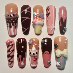 Sweet Dessert Bear Nails, 3D Chocolate Candy Nail Set, Kawaii Ice Cream Nails, Pink Brown Cute Cartoon Press On Nails, Pastel Candy Vibes