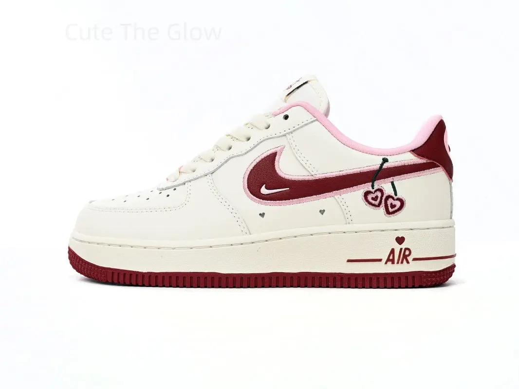 Sweet cream white leather couple skate flat shoes, delicate heart cherry stitch decor and wine red contrast sole, soft smooth leather upper, romantic low-cut trainers perfect for Valentine’s matching looks, anniversary gifts and campus daily wear