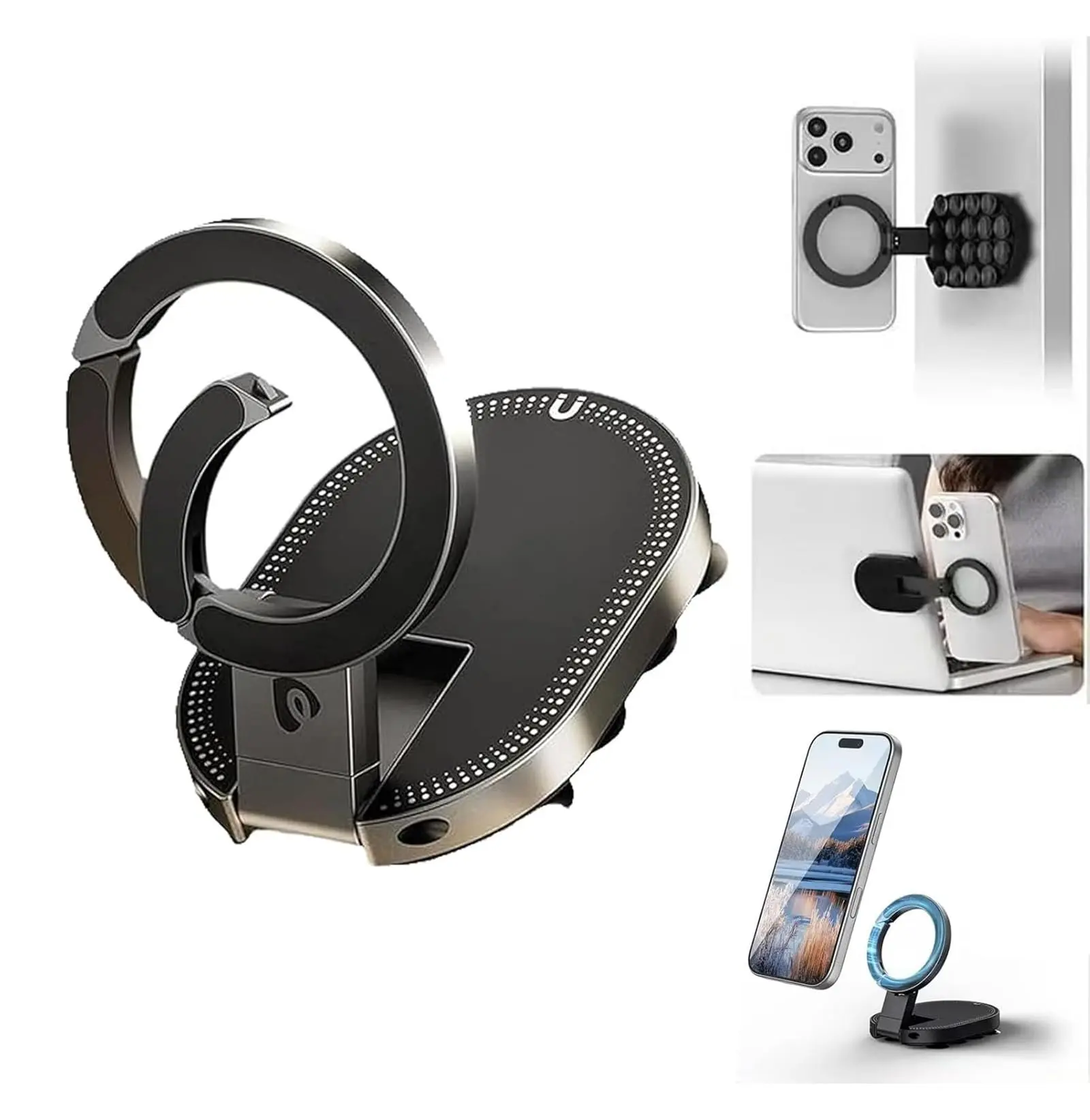 Double-Sided Suction & Magnetic Phone Holde- Foldable Hands-Free Silicone 3 in 1 MagneticPhone Mount, 360° Rotation with 18 StrongSuction Cups for Car Dashboards Offices Kitchens(1 Pc)