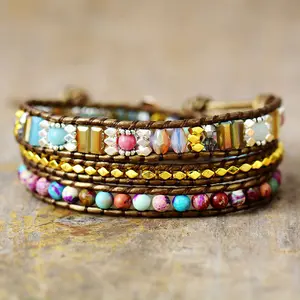 Natural Colored Sea Sediment Jasper Bracelet - 3 Loops Handmade Heart Healing Bracelet with Peach Heart Accessory