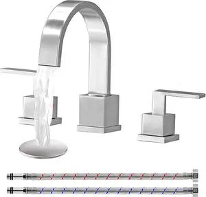 3 Hole Widespread Brushed Nickel Bathroom Faucet,Modern Waterfall 8 inch 2 Handle Bathroom Sink Faucet Vanity Bathroom Faucet for Sink 3 Hole with Pop Up Drain and Water  Lines