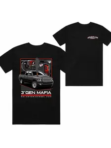 "Golden Era" Diesel—3rd Generation "Mafia" Theme T-Shirt. Featuring a Dodge Ram Cummins pickup graphic print, this short-sleeve tee is unisex apparel designed for diesel performance enthusiasts—an ideal gift for pickup truck lovers and mechanics alike.