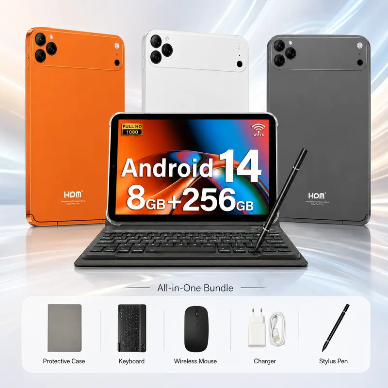 Back to School 10.1" Android 14 Tablet Bundle with Keyboard, 8+256 Storage, Tablet for Reading, Video Streaming, Web Browsing & Everyday Family Use