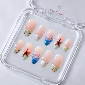 NailFlora Coastal Reverie – Handmade Floral Press-On Nails | Reusable Salon-Quality 3D Nail Set