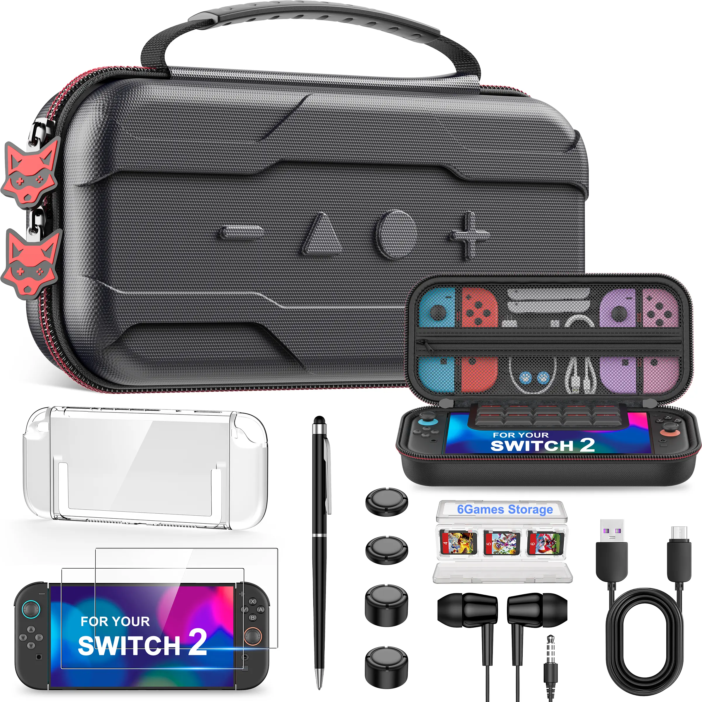 Nintendo Switch 2 Console Accessories Bundle - Slim Leather-Rubber Hard Shell Travel Case with Folding Handle, Game-Safe Screen Protector, Headset-Ready Storage Compartment, Cable Organizer, Card Holder, Joystick Protector Slot