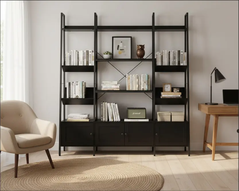 66.9" Triple Wide Ladder Bookshelf with Storage Cabinet, 4-Tier Open Bookcase with 4 Doors for Home Office & Living Room