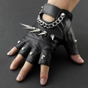 Mens Rivet Spike Punk Rock Driving Motorcycle Biker Leather Fingerless Gloves