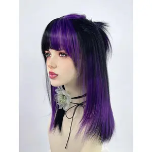 Synthetic Short Straight Green Black Layered Mix Wig With Bangs Women Fluffy Lolita Cosplay Hair Wig For Daily Party