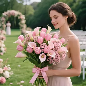 Pink Calla Lilies, pink tulips, pink starlets in 30 PU Realistic Faux Flowers for weddings, homes and offices, great for mother's Day and spring, apply to home, outdoor, wedding decoration, Valentine's Day, plastic