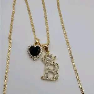 VALENTINE'S necklace black heart with crown letter Gold-plated 24"inches regular style