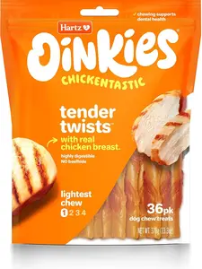 Hartz Oinkies Tender Twists: A 36-count pack of rawhide-free dog chews made with real chicken breast. These treats are highly digestible and ideal for satisfying your dog's chewing instincts.