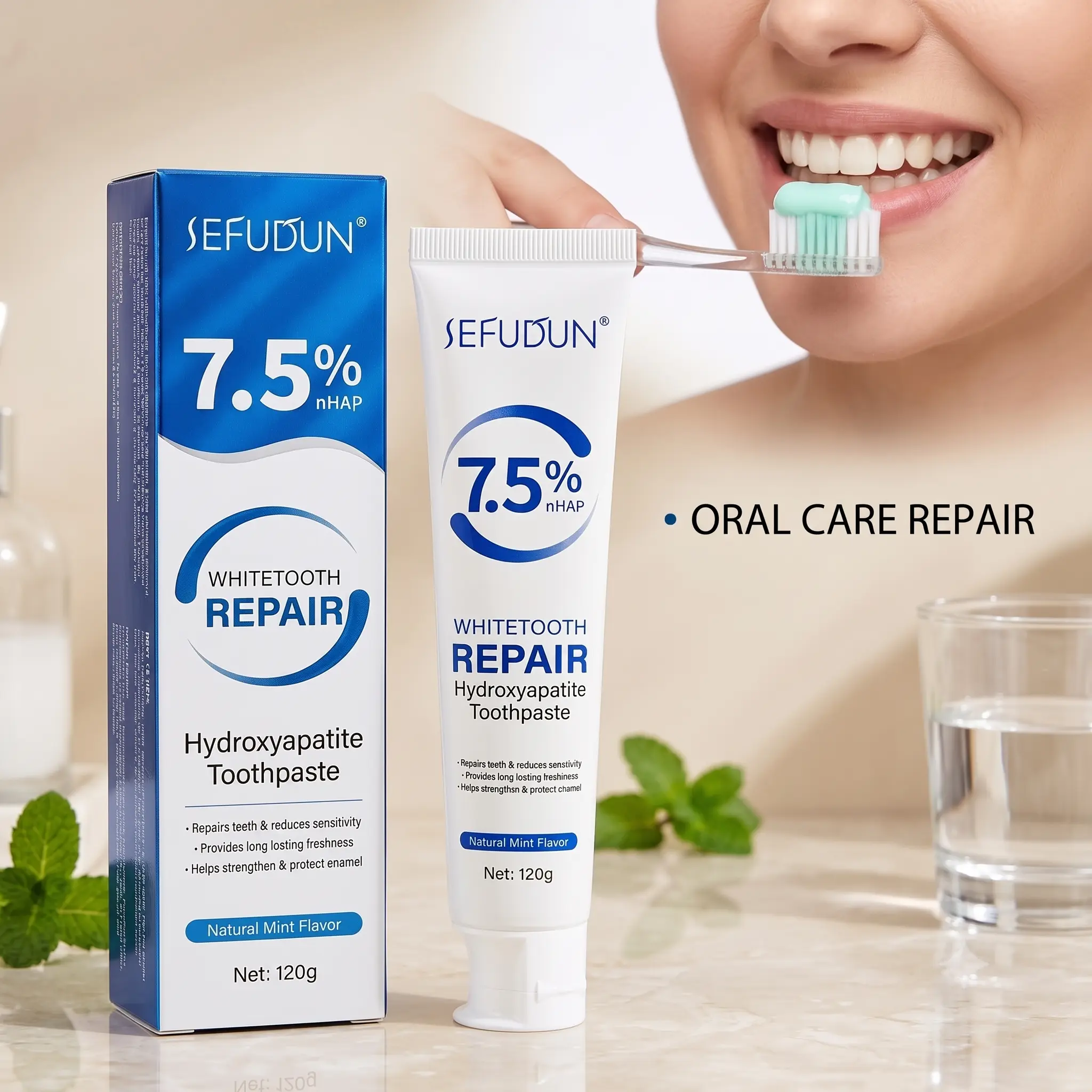 7.5% nHAP Hydroxyapatite Toothpaste for Enamel Support & Sensitive Care | Natural Mint with Peppermint Oil | Fragrance Free Deep Clean, 120g, Adults, Alcohol Free, Enamel Repair, Anti-Cavity, Prevents Bad Breath, Enhances Smile, Fresh, Gentle, Natural Rem