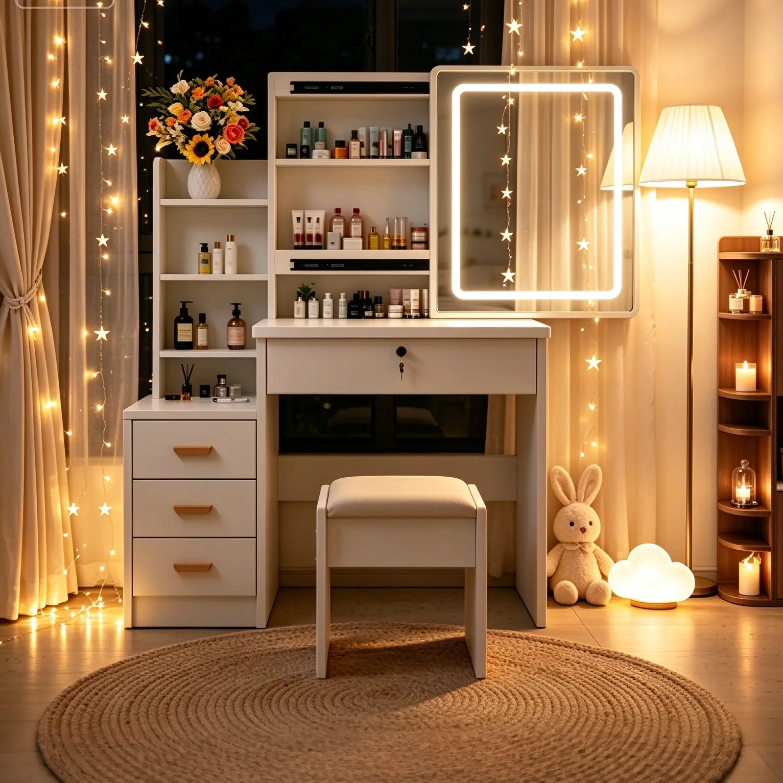 Modern white vanity includes LED-lit mirror; bedroom makeup table with drawers and matching stool; suitable for teens and adults; ideal for home dressing rooms or bedrooms big storage furniture shelf multi-storage mio liki foldable rgb