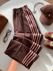 Women's wine red high-waist, elastic, loose straight-leg casual sports pants, suitable for summer, suitable for daily street wear, home wear, Casual Fashion Trousers, Athleisure Casual Trousers, Casual Streetwear Pants, Bottoms