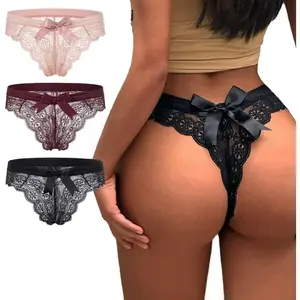 Women Lace Bow Thongs,T Back Low Waist Panties Sexy V-Shape Design Floral Lace,Breathable Panties for Women 3-Pack