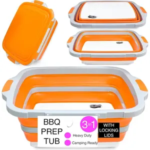 XL Collapsible BBQ Prep Tub with Lid - 3 in 1 Collapsible Tube & Portable  Board Container for Marinating, Camping, Meat Storage - Space-Saving, Foldable Tray for Kitchen and Outdoor