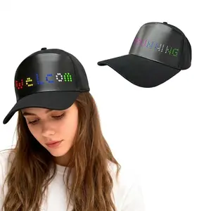 Custom DIY LED Message Hat, Bluetooth App Controlled Programmable Light Up Baseball Cap, Washable PU Leather Glowing Hat with Detachable Screen for Concerts Festivals Clubbing and Promo