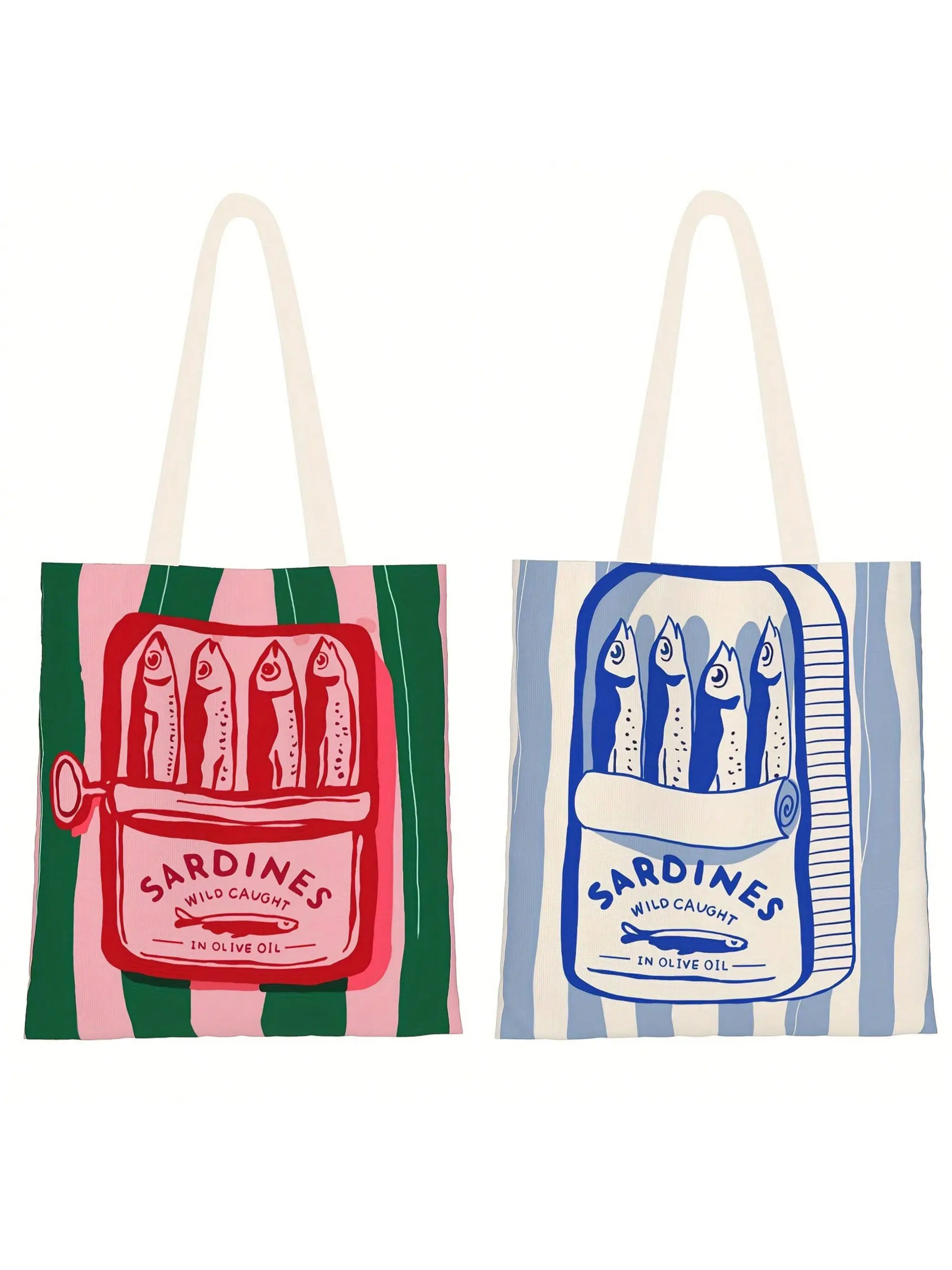 Vintage Sardine Can Tote Bag, Dual-Sided Striped Shoulder Bag, Eco-Friendly and Stylish, Fashionable Tote Bag, Perfect for Commuting, School, Shopping, Picnic, Patterned Bag, Trendy Vintage Bag, Casual Bags, Aesthetic Tote, Double Sided Tote