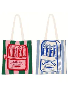 Vintage Sardine Can Tote Bag, Dual-Sided Striped Shoulder Bag, Eco-Friendly and Stylish, Fashionable Tote Bag, Perfect for Commuting, School, Shopping, Picnic