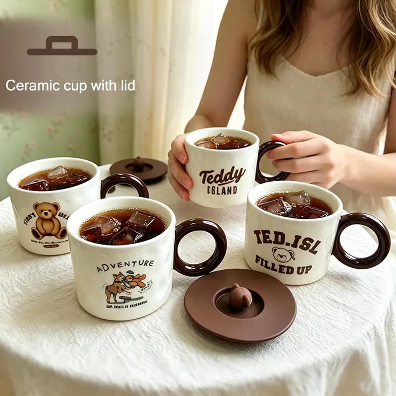 Brown Bear Ceramic Mug with Lid, Vintage Large Round Handle, Cute Teddy Bear Design for Home Use – Water & Coffee Cup