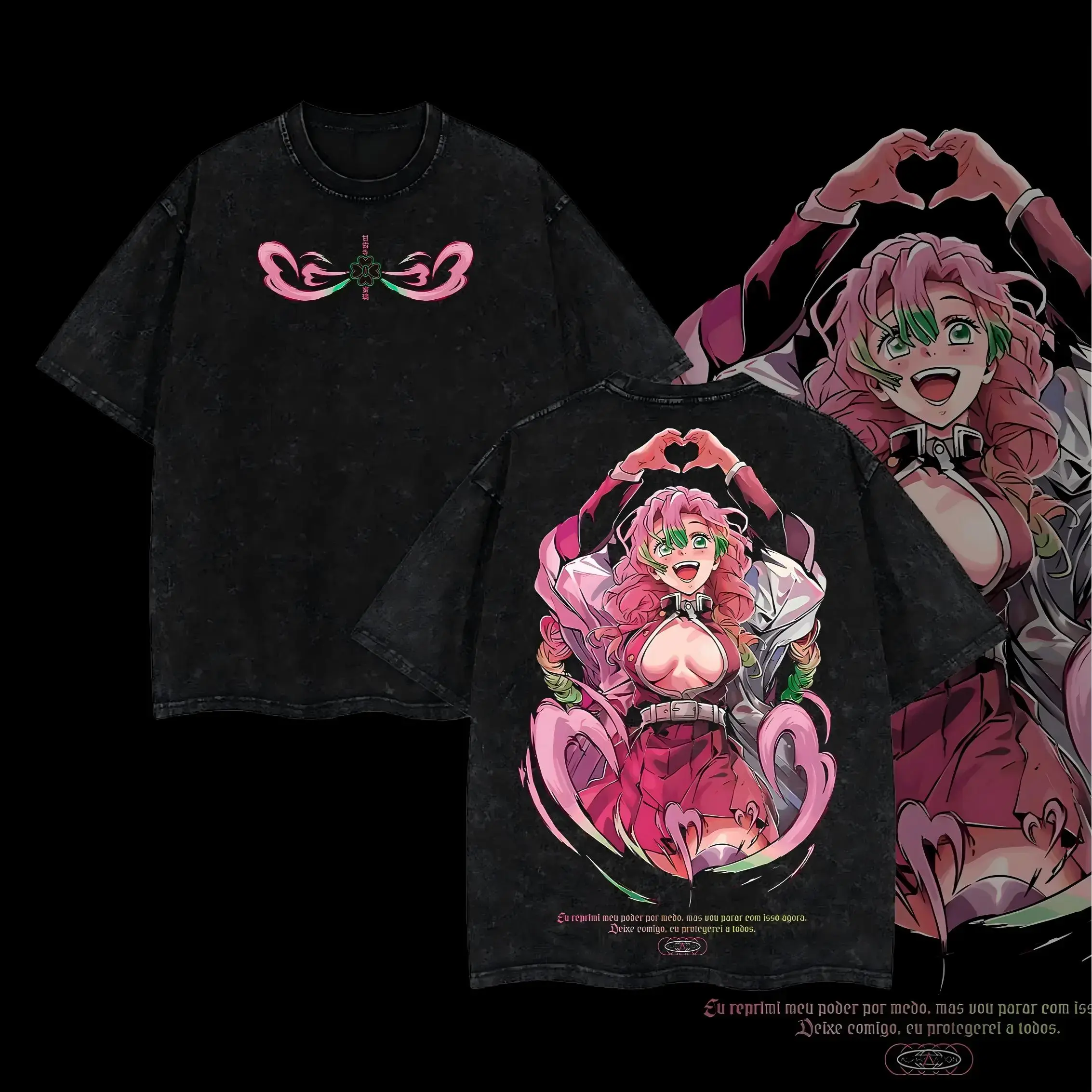 Men's Oversized Demon Slayer Hashira Short-Sleeve Round Neck Thick Cotton Tee - Kyojuro Rengoku, Giyu Tomioka, Tengen Uzui, Iguro Obanai, Gyomei Himejima, Mitsuri Kanroji Graphics, Unisex Vintage Washed Double Printed Casual Streetwear Anime Manga T-Shirt