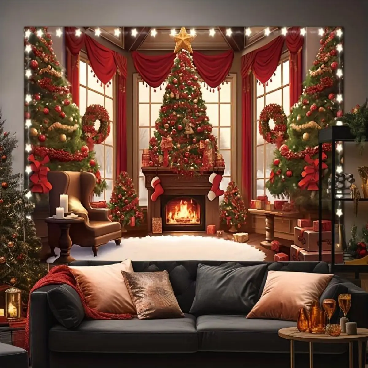 Illuminated Christmas Tree Tapestry - Festive Wall Hanging for Holiday Decor Ornaments Decoration