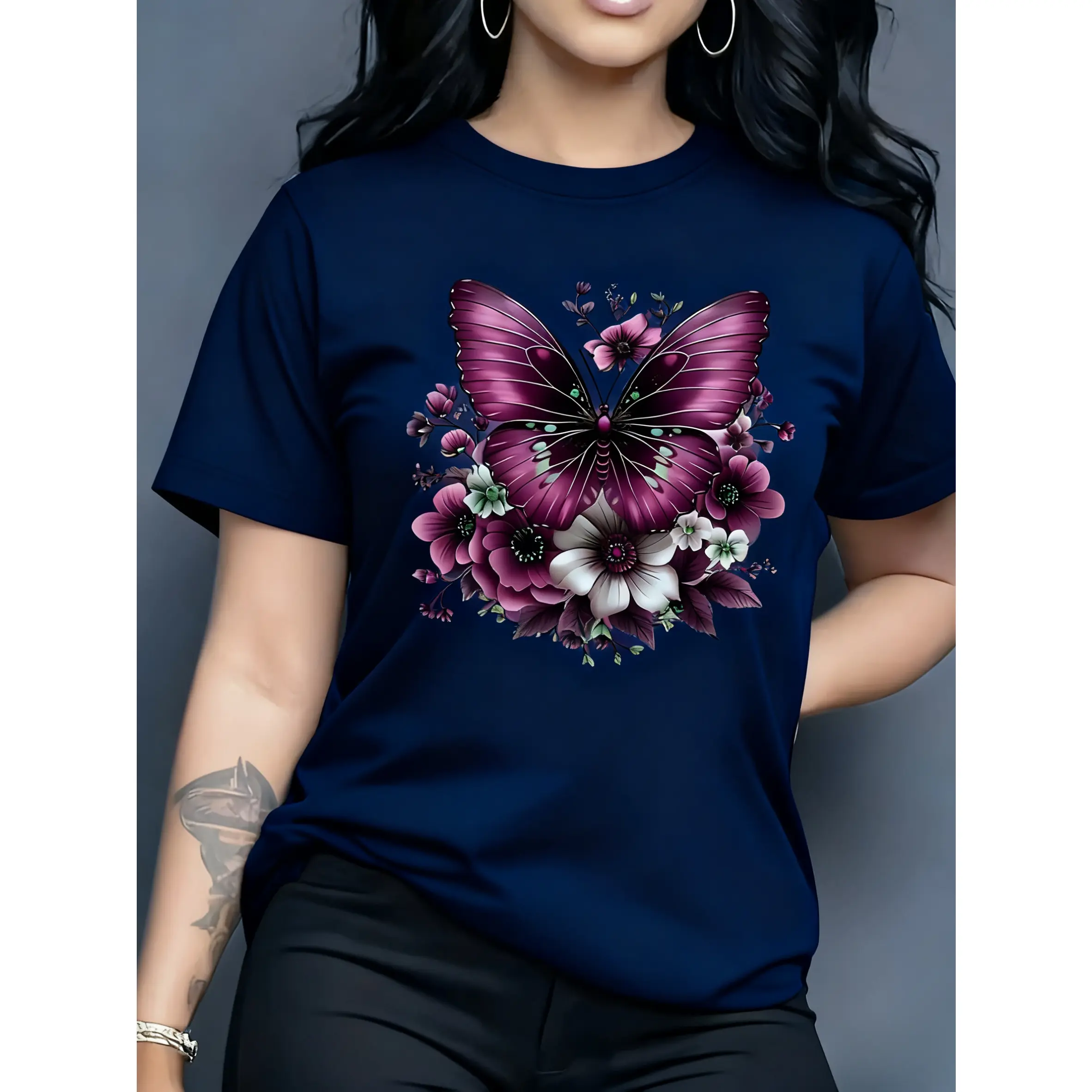 Women's Printed Tshirt with Butterfly & Flowers, Casual Oversized Short Sleeve Top Made of Smooth 100% Cotton Fabric, Tee, Basic