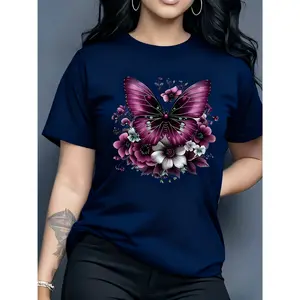 100% pure cotton, available in multiple colors, butterfly and flower pattern printed T-shirt, short sleeve round neck casual top for summer and spring, women's clothing, birthday gift, holiday gift
