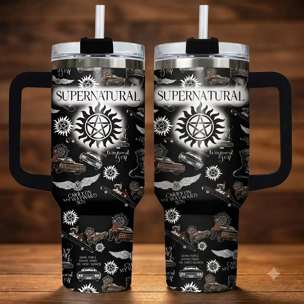 Supernatural TV Show Tumbler with Handle, 40oz Insulated Stainless Steel Travel Mug with Straw, Anti Possession Symbol Dean Sam Winchester Impala Car Cup, Carry On My Wayward Son Saving People Hunting Things Gift Idea for TV Fans
