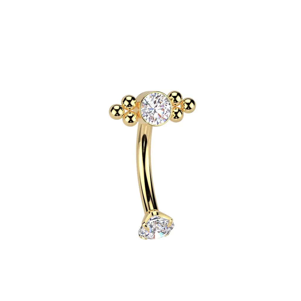 Internally Threaded CZ Crystal and Ball Cluster Curved Eyebrow Barbell - ASTM F-136 Implant Grade Titanium