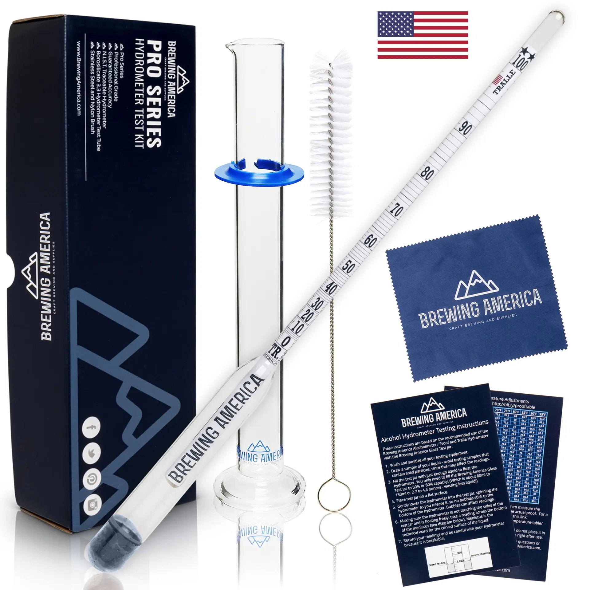 Brewing America Pro Series Alcohol Hydrometer Tester 0-200 Proof NIST Traceable Kit for Distilling Spirits & Moonshine - Glass