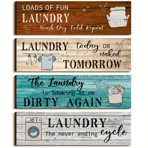 4pcs Rustic Farmhouse Wooden Wall Art - Funny Laundry Room Decor with Humorous Messages, Vintage Bathroom Plaques, Wall-Mounted Laundry Rules Hanging Decoration for Home, Country Cottage Wall Decor for Bathroom or Living Room