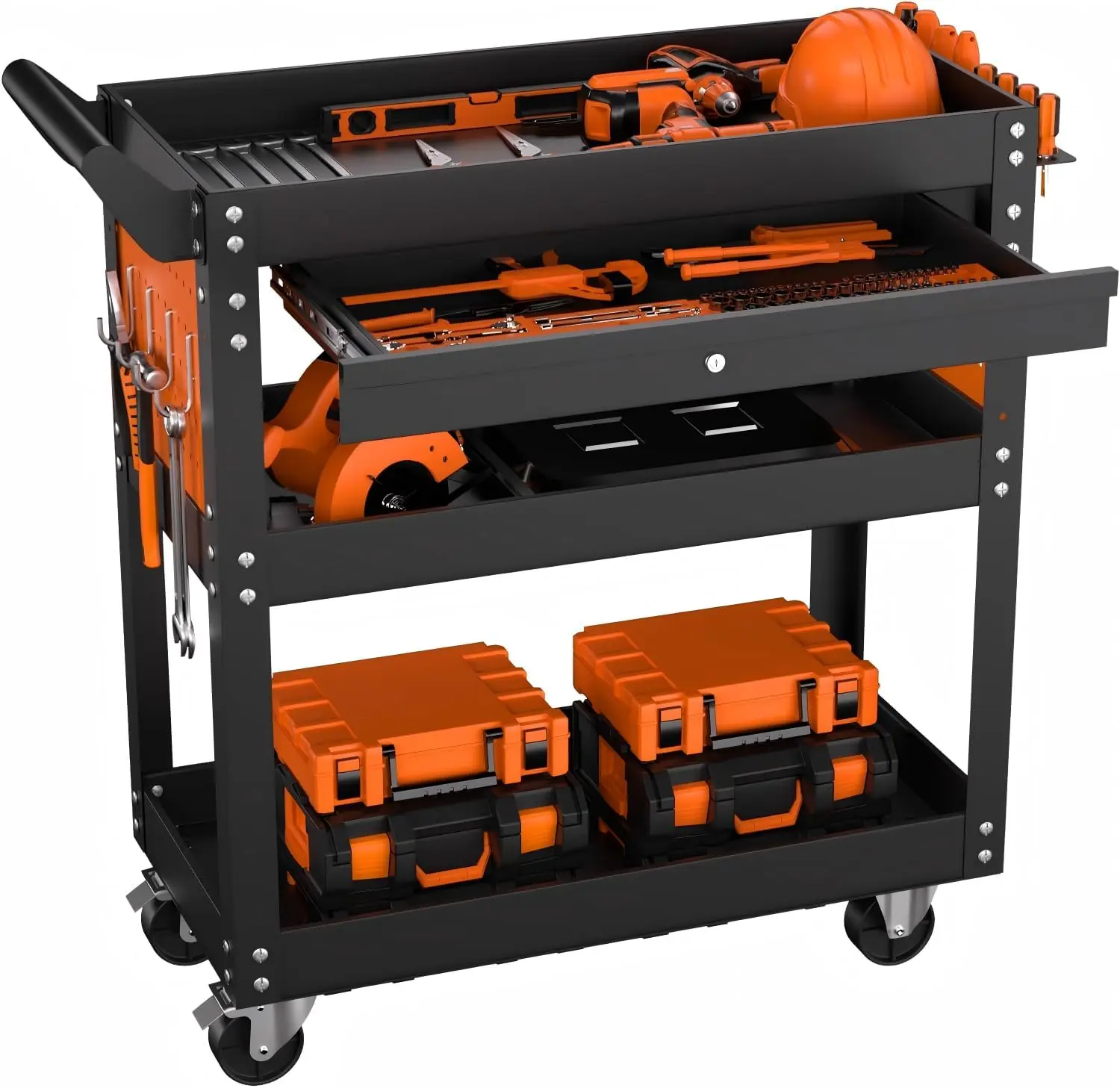 Industrial Steel 4-Tier Rolling Tool Cart with Wheels, Heavy-Duty 350 Lbs Capacity, Smooth-Rolling, Lockable Drawer, Adjustable Side Pegboards, Easy Installation for Garage Workshop