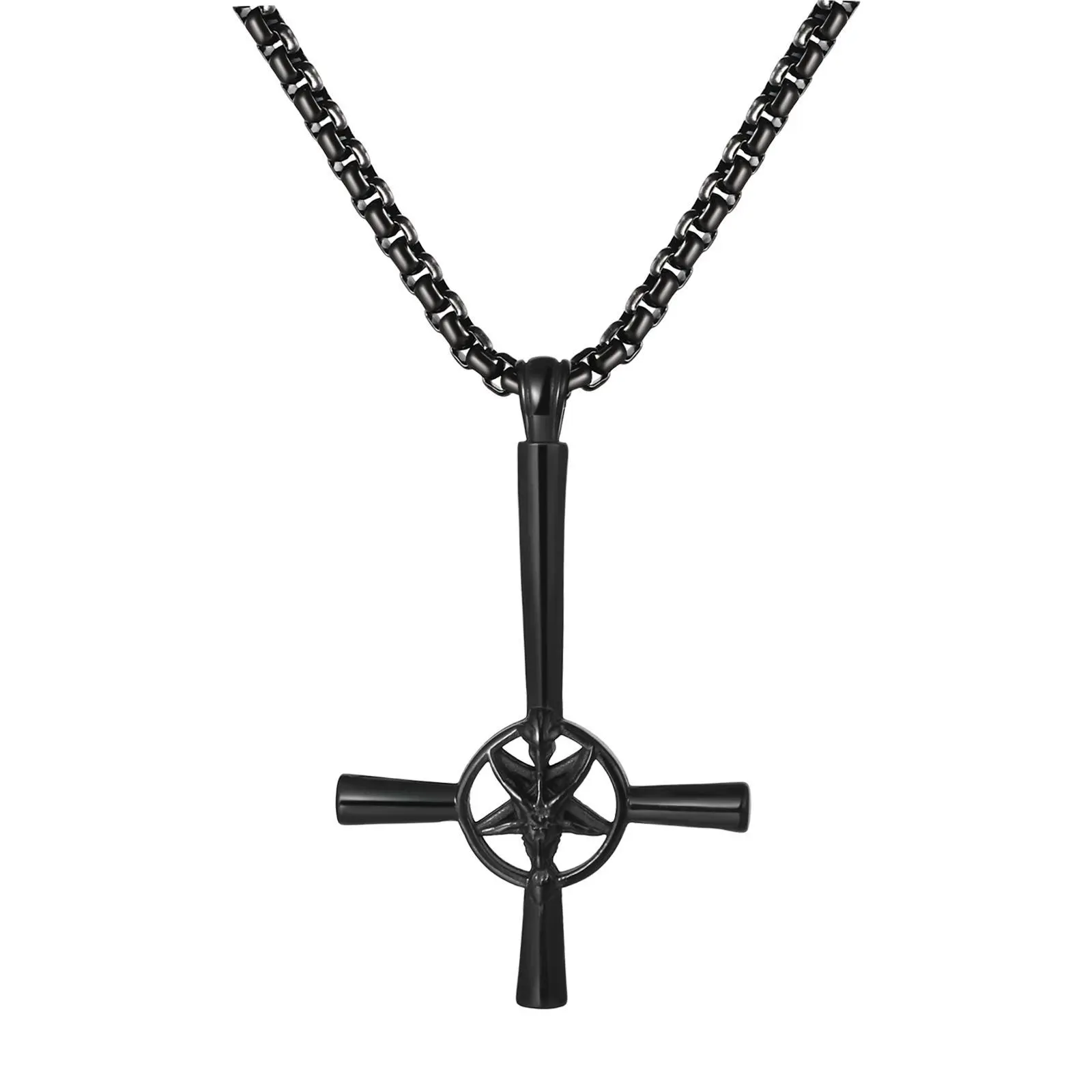 OIDEA Baphomet Cross Necklace for Men, Gothic Stainless Steel Pentagram & Inverted Cross Pendant with 23.6" Chain, Cross Chain Design