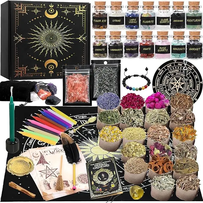 90-Pack Gothic Beginner Witchcraft Kit - Wiccan Supplies with Red/Black/Purple Crystals, Wood Tools, Candles, Dried Flowers, Pendulum, Circle, Altar Spell Set for Rituals, Energy Cleansing, Midsummer Cottagecore Witchcraft Kit(DIY Crafts Included)