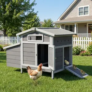 Outdoor Gray Free-Range Wooden Chicken Coop with Asphalt Roof, Pull-Out Tray, Nesting Box with Easy Access, Front & Side Doors with Metal Latches
