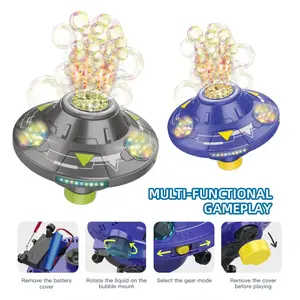 Electric colorful sound and light flying saucer bubble machine with 32 holes, fully automatic rotating obstacle-avoiding bubble machine, children's outdoor toy outdoorfun