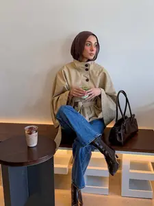 Elegant Women's Solid Color Stand Collar Belted Short Cape Jacket, Plain Waistband, Front Button Closure, Daily Wear