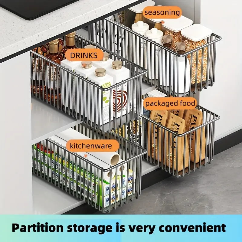 Metal Pull-Out Cabinet Organizer Basket, Space-Saving Storage Drawer with Multiple Compartments, Modern Design for Kitchen Bathroom