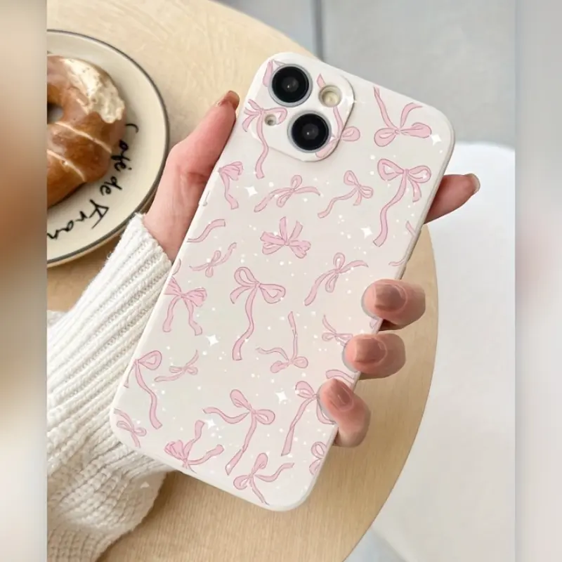 Straight Edge Pink Bowknot Pattern TPU Soft Silicone Phone Case for iPhone Series (17,16,15,14 Pro Max,13,12,11,XR,XS Plus,Samsung), Military-Grade Shockproof Non-Slip Mobile Phone Accessories for Various Models